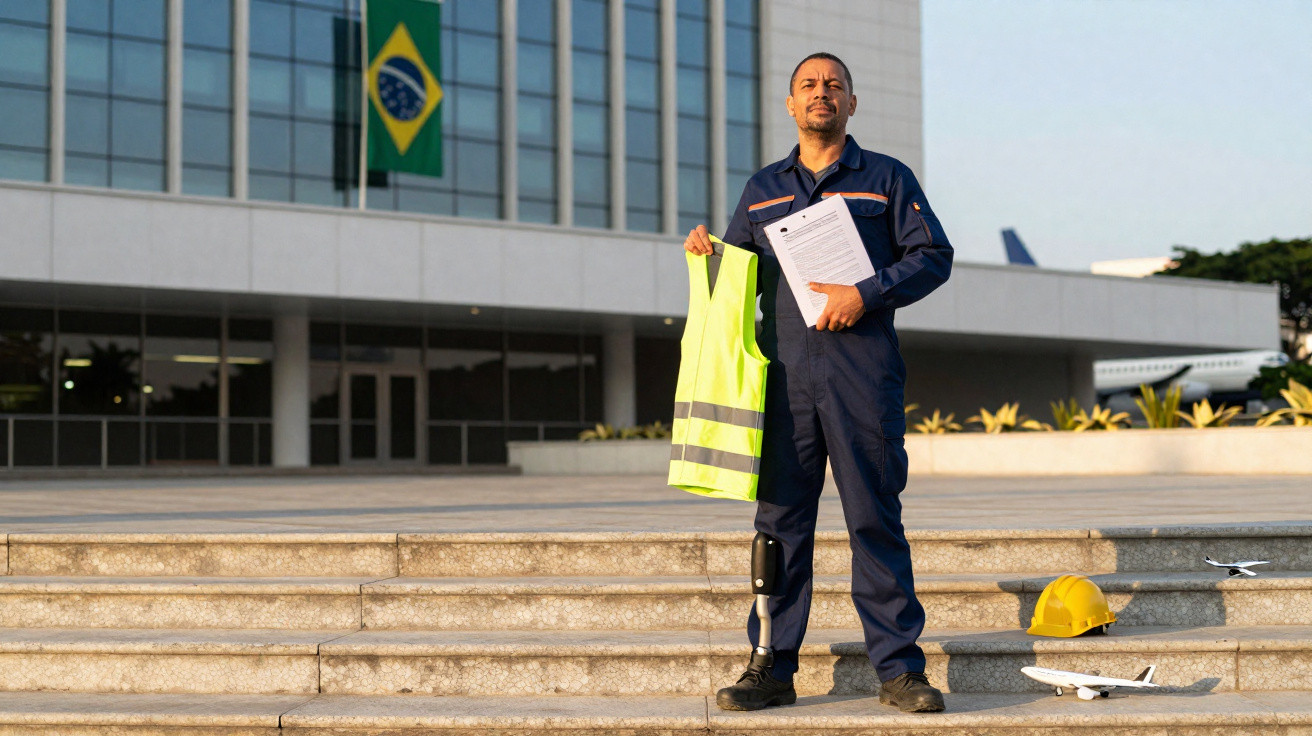 Homem com uniforme azul e prótese na perna segura colete e documentos numa escadaria com bandeira do Brasil ao fundo.