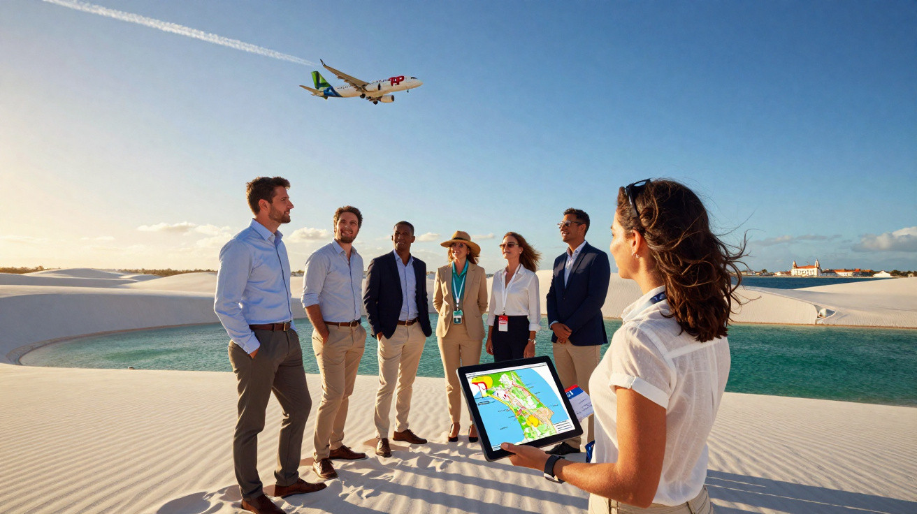 Grupo de pessoas em areia branca com lago e avião a sobrevoar no céu azul.