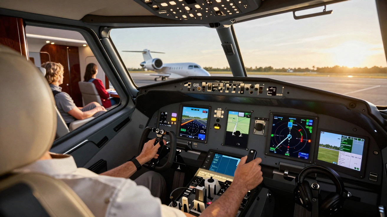 Interior do cockpit de um avião privado com piloto a controlar e um jato no aeroporto ao pôr do sol.