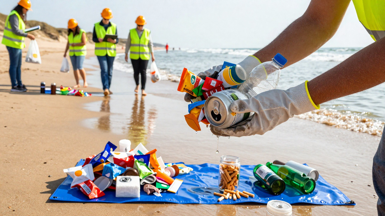 Voluntários com coletes e capacetes recolhem lixo plástico e garrafas na praia junto ao mar.