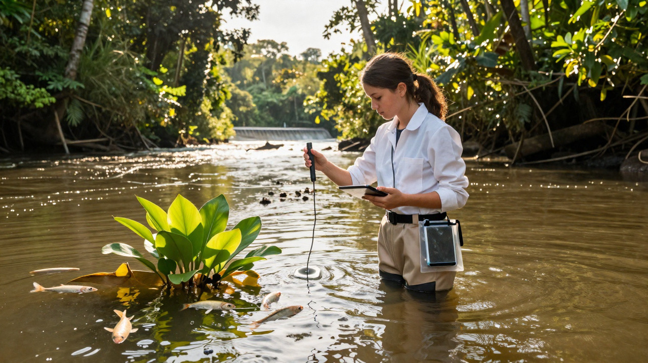 Mulher a medir a qualidade da água de um rio com equipamento especializado durante estudo ambiental.