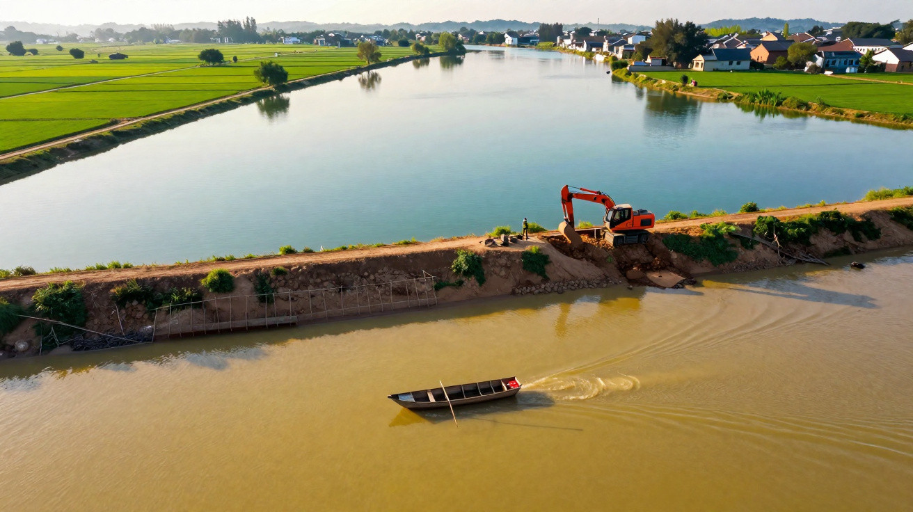 Rio com barco e escavadora na margem, campos verdes e casas ao fundo numa paisagem rural ao amanhecer.
