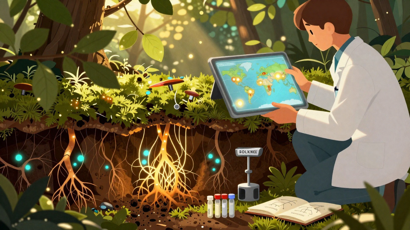 Cientista analisa dados num tablet sobre ecossistema subterrâneo e raízes de plantas numa floresta iluminada.
