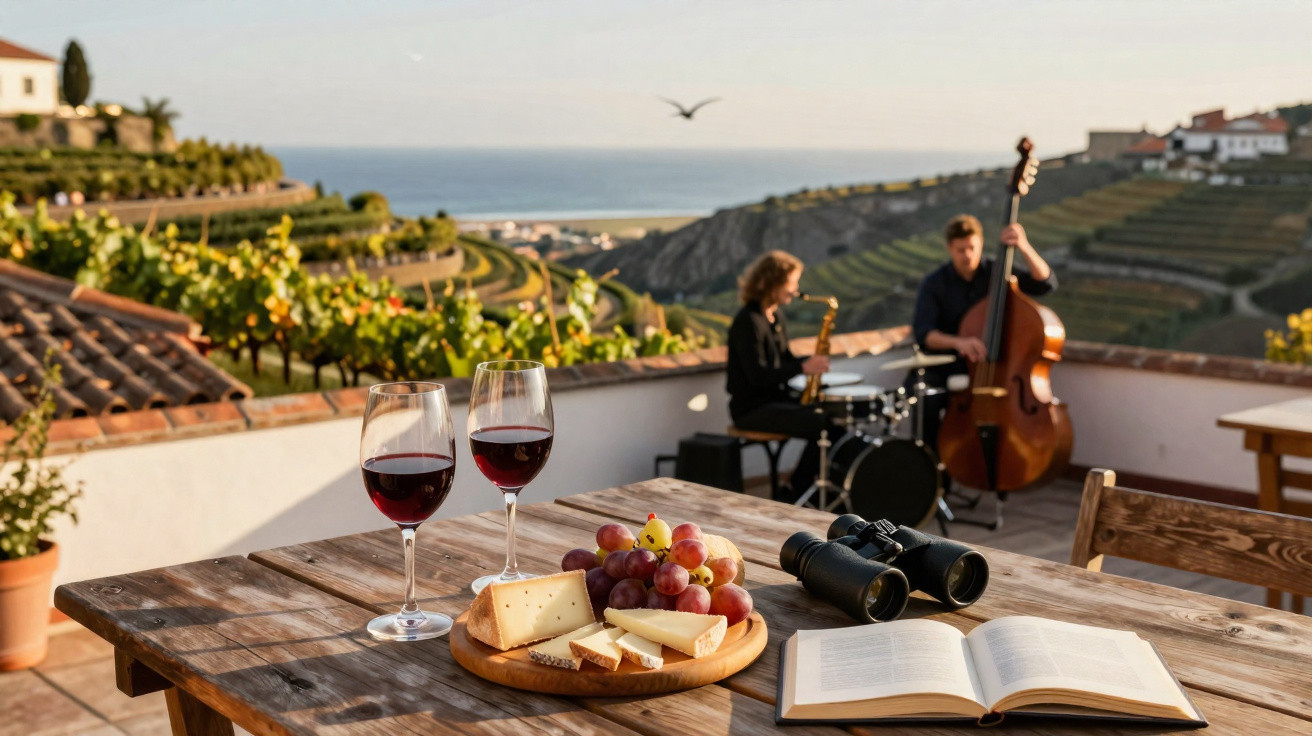 Mesa com vinho, queijo, uvas, binóculos e livro, com vista para vinhas e músicos ao fundo.