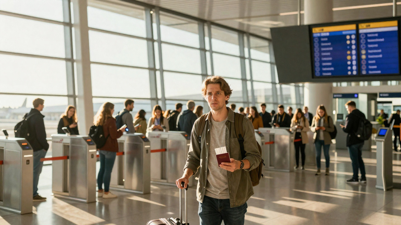 Homem com mochila e mala de viagem na mão direita segura passaporte ao passar por controlo de segurança num aeroporto.