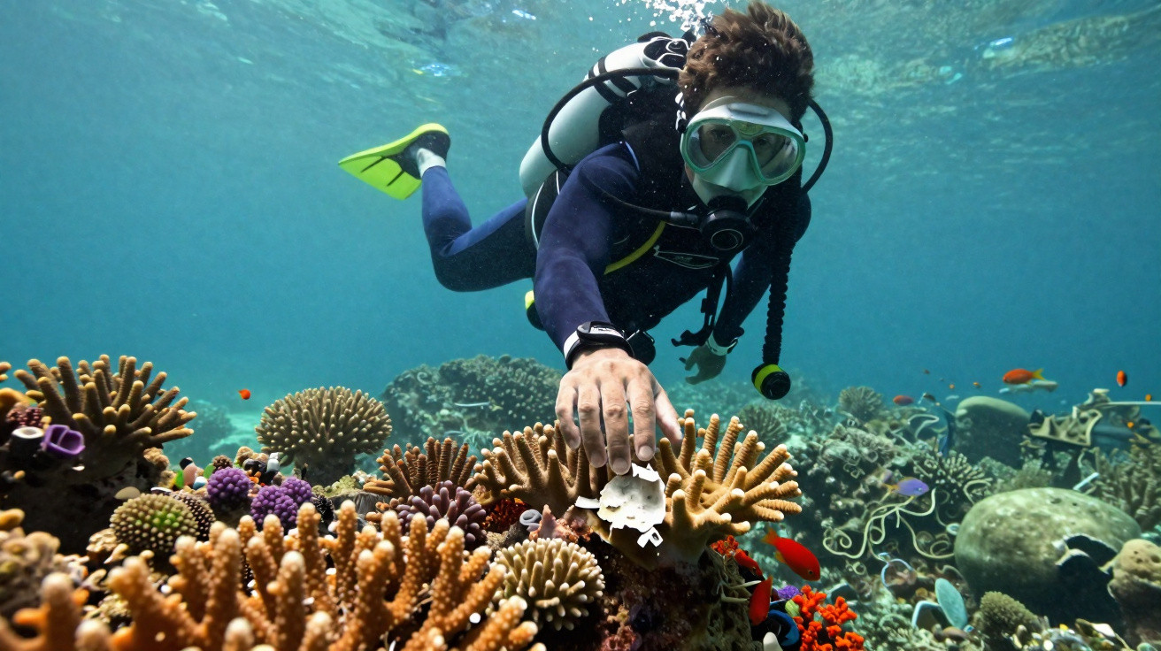 Mergulhador equipado explora recife de coral colorido com peixes pequenos em águas claras e azul-turquesa.