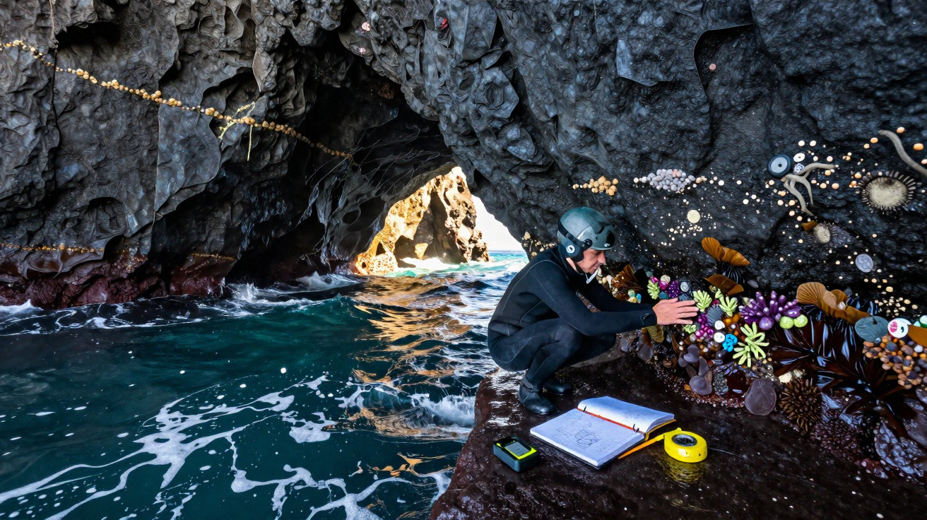 Homem com fato de mergulho explora arte marinha numa gruta rochosa junto ao mar agitado.