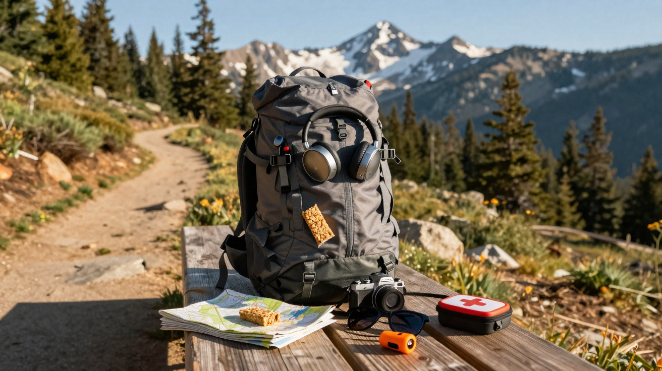 Mochila de caminhada com fones, barra energética, mapa, máquina fotográfica e kit de primeiros socorros na montanha.