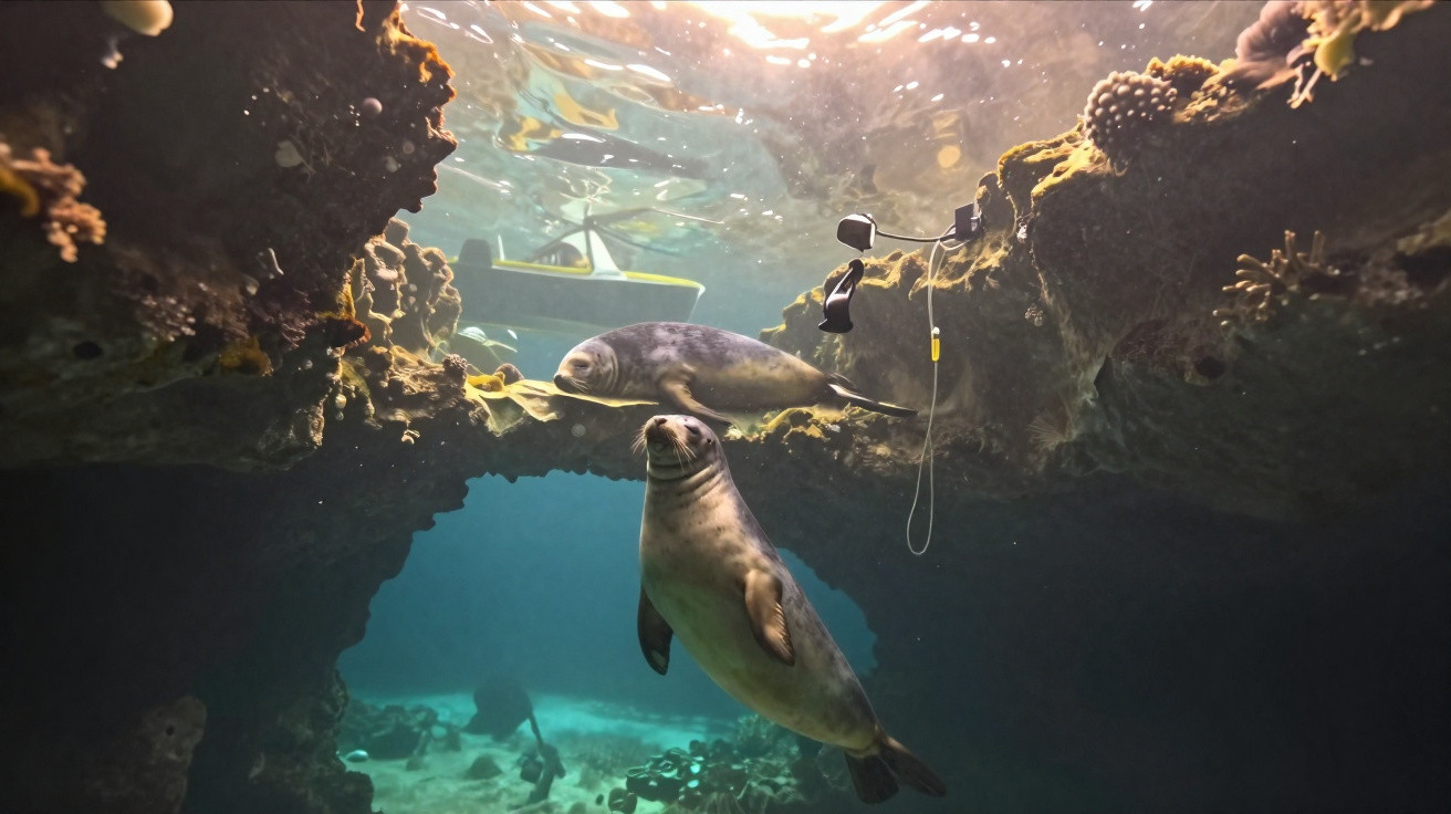 Foca subaquática a nadar perto de uma rocha com outro animal marinho e barco à superfície.