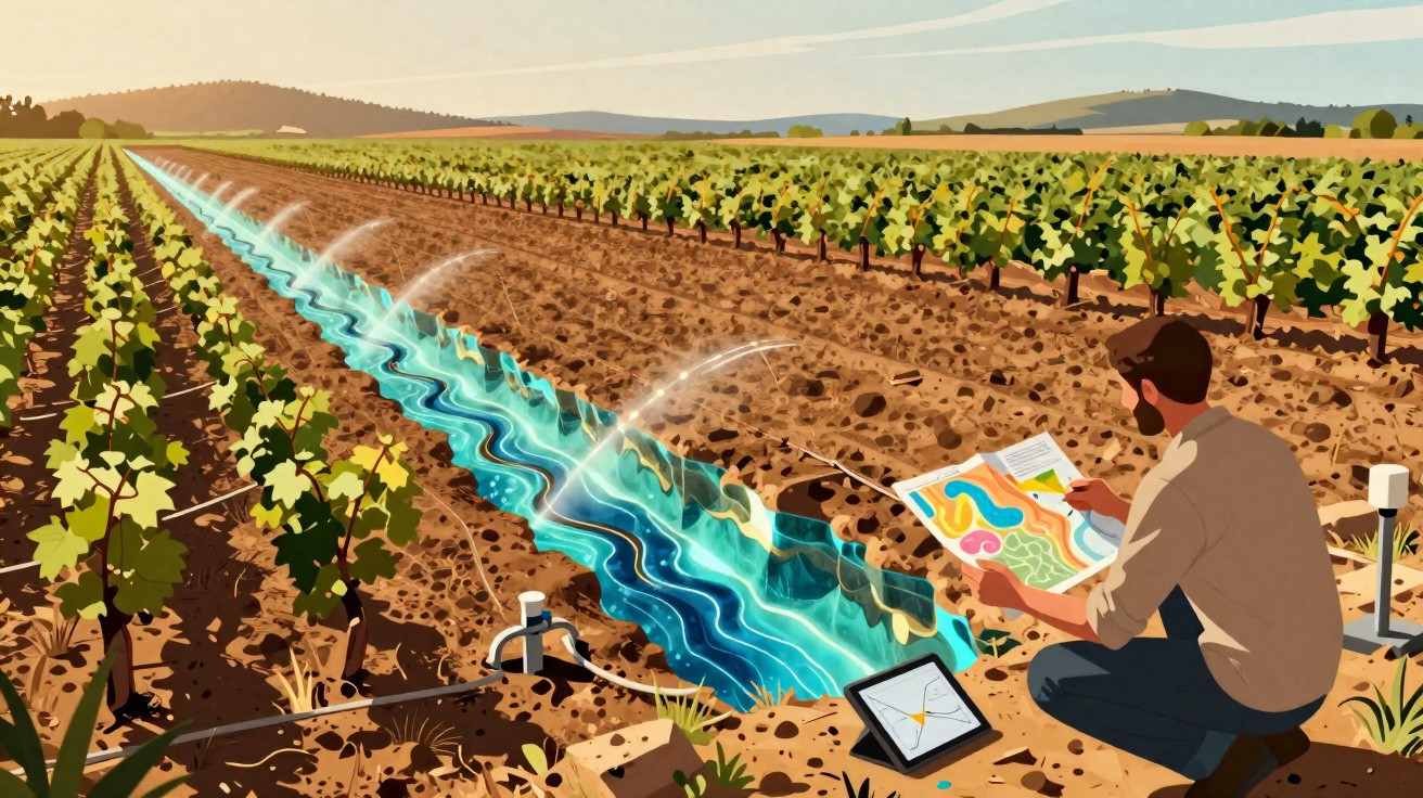 Homem analisa mapa e tablet numa vinha, com sistema de rega a irrigar as plantas em fileiras organizadas.