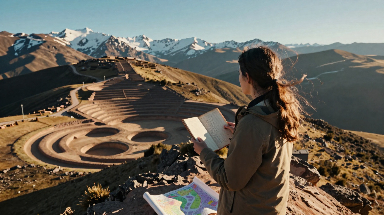 Mulher a consultar caderno e mapa em montanha com terras circulares e picos nevados ao fundo.