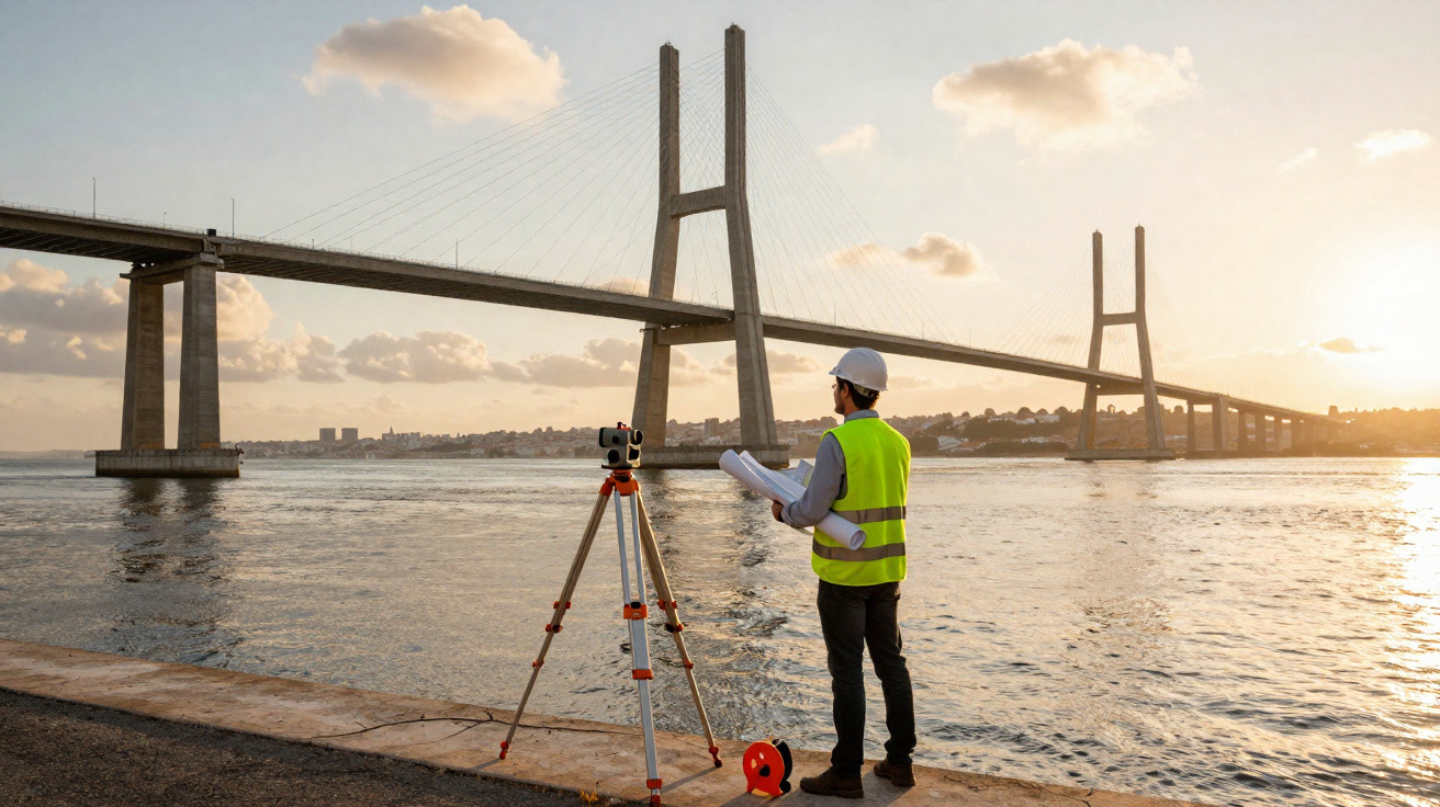 Engenheiro com capacete e colete reflete sobre plantas junto a equipamento topográfico perto de ponte suspensa sobre rio ao p