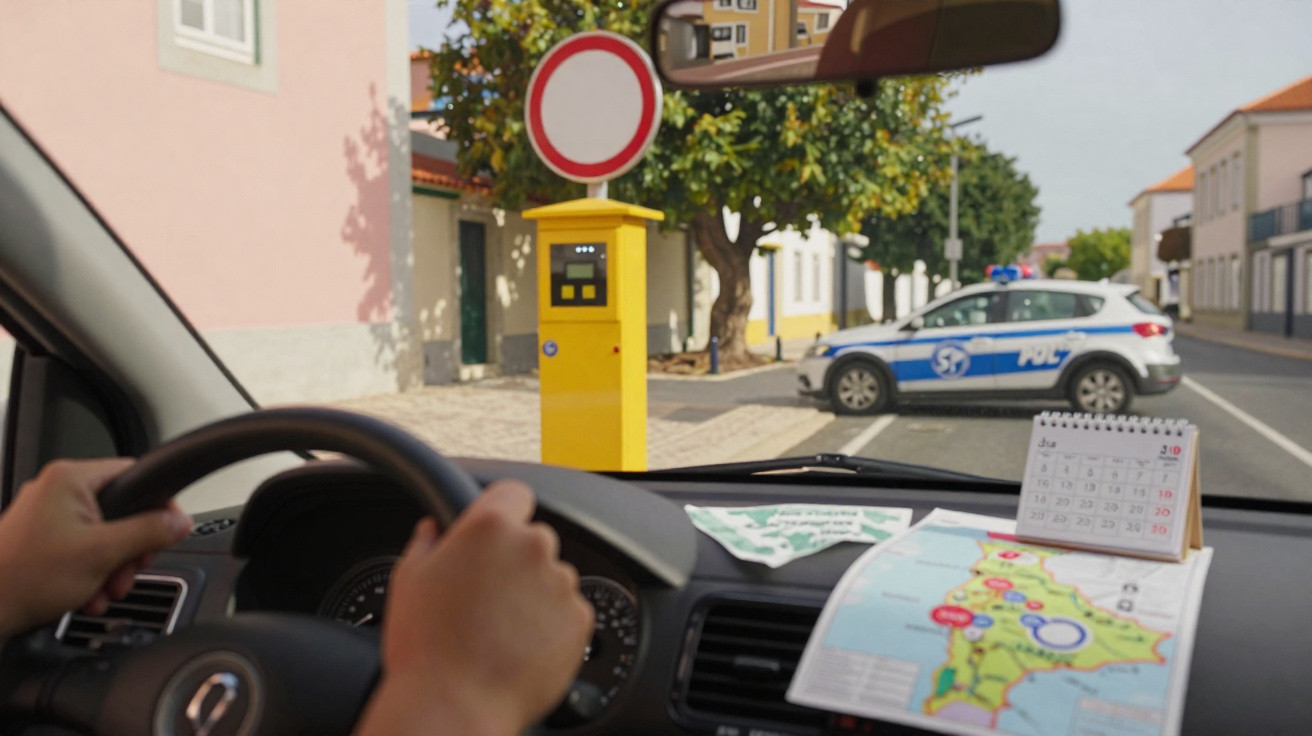 Interior de carro com mapa e calendário, mãos no volante, poste amarela e carro da polícia bloqueando a rua.