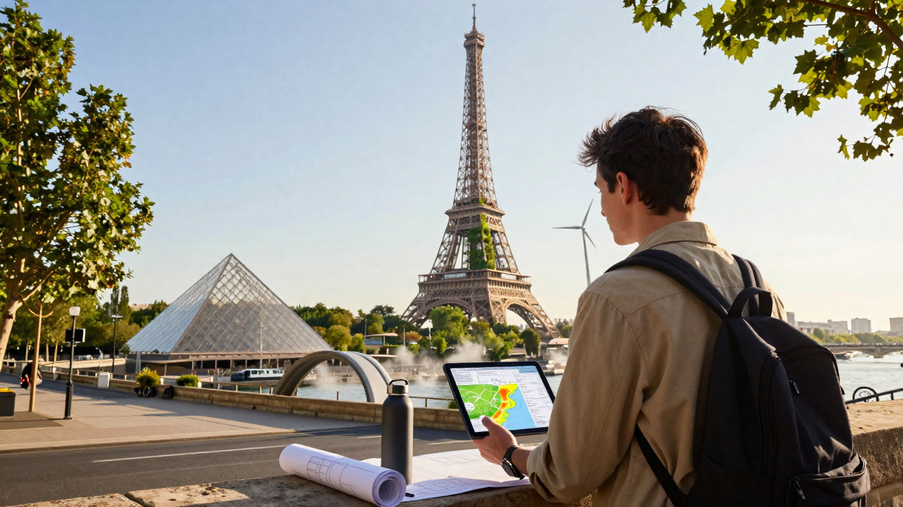 Homem com mochila junto ao rio Sena em Paris, com torre Eiffel, moinho de vento e pirâmide do Louvre ao fundo.