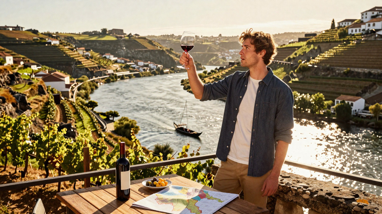 Homem a apreciar um copo de vinho tinto numa varanda com vista para o rio e vinhas em socalcos.
