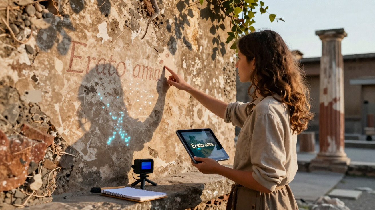 Mulher com mochila usa tablet e toca em parede com inscrições antigas num sítio arqueológico.