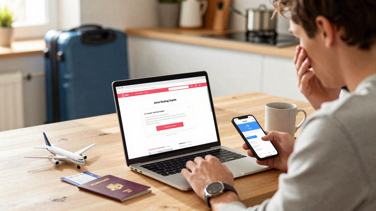 Pessoa a reservar voo online com computador, cartão de crédito, smartphone, passaporte e miniatura de avião numa mesa.