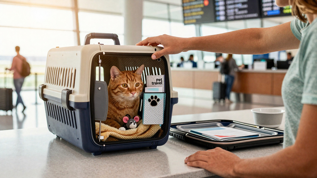 Gato dentro de transportadora com etiqueta de viagem para animais, numa mesa de aeroporto.