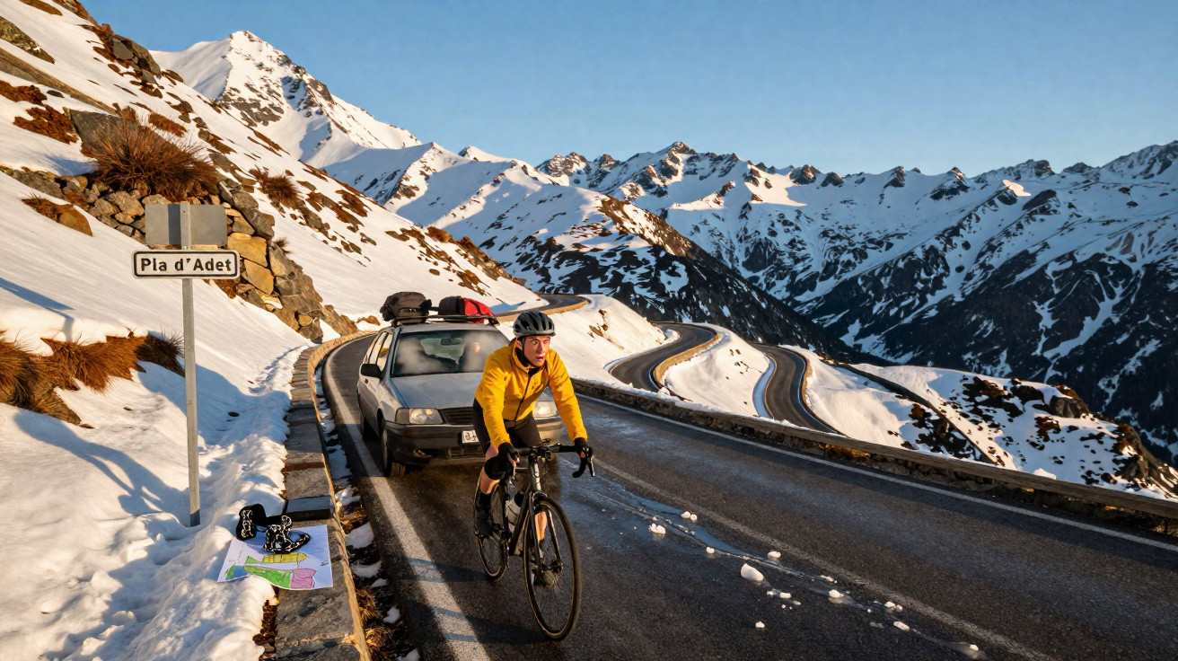 Ciclista com casaco amarelo numa estrada de montanha nevada, com carro a passar e mapa na berma.