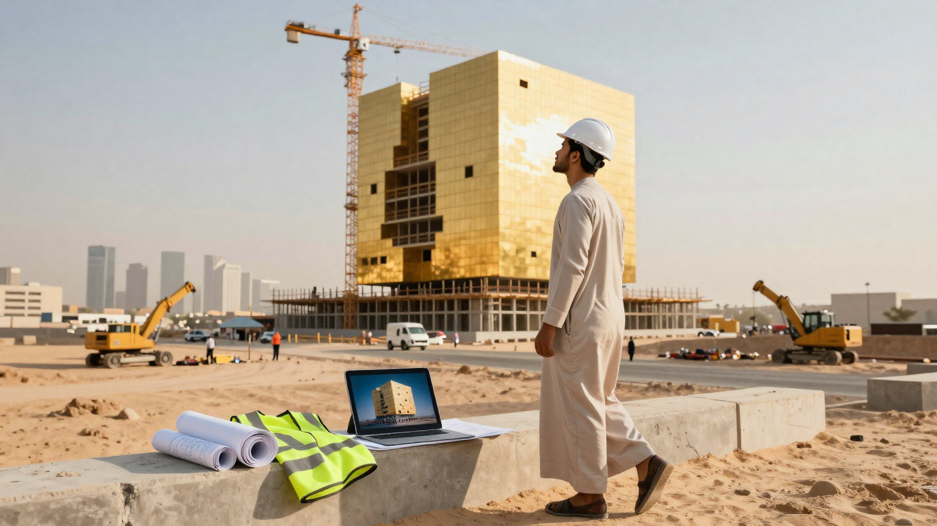 Engenheiro com capacete branco observa obra com edifício dourado em zona de construção urbana.