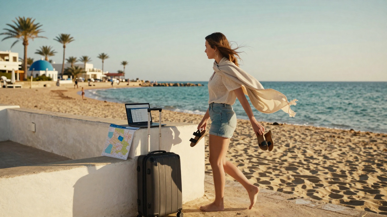 Mulher com mala na praia, a olhar para computador e mapa de Djerba junto ao mar e edifícios brancos.