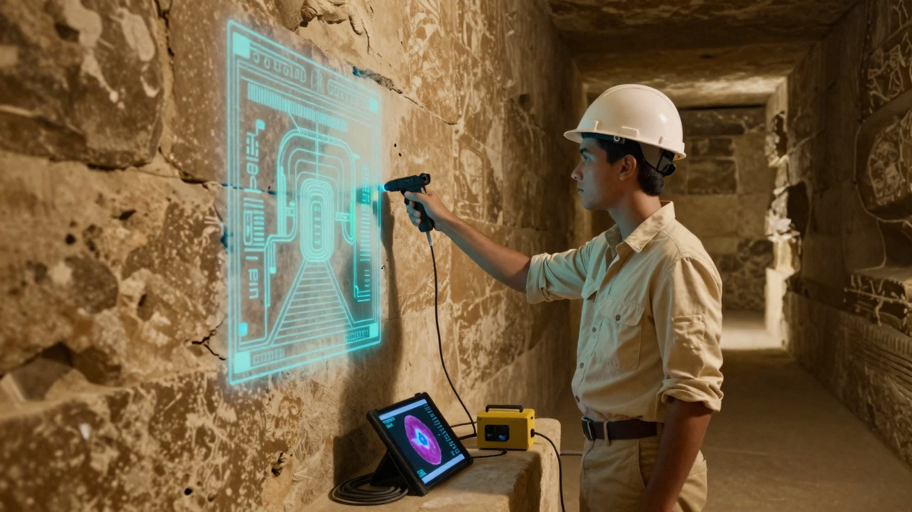 Arqueólogo com capacete analisa holograma de pirâmide numa parede antiga com hieróglifos.