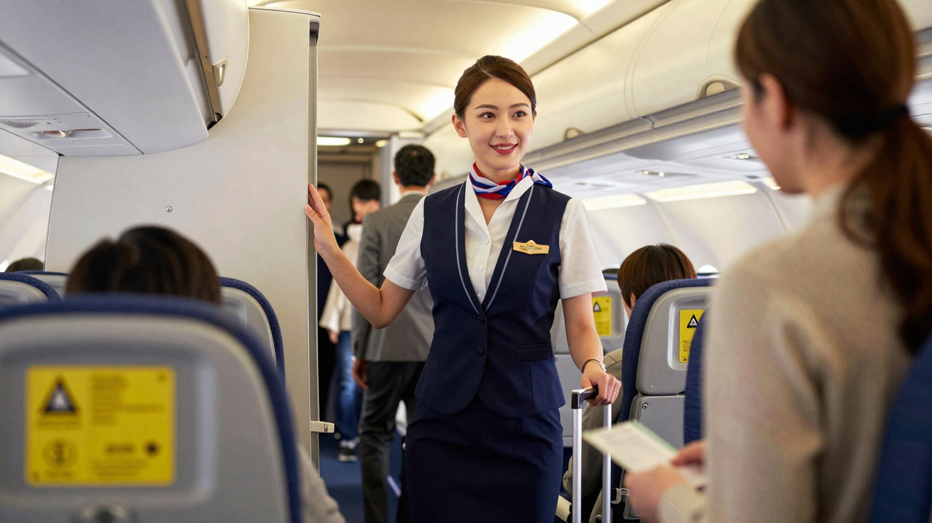 Comissária de bordo a receber passageiros no corredor de uma cabine de avião.