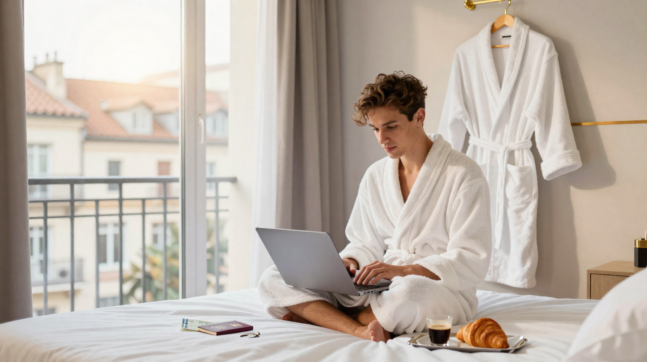 Pessoa sentada na cama com roupão branco a usar portátil, com croissant e café numa bandeja à frente.