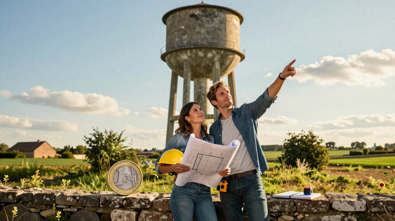 Casal de engenheiros observa estrutura de torre de água em campo aberto, com planta e capacete amarelo.
