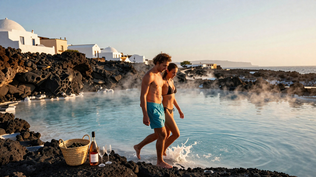 Casal caminha descalço numa lagoa termal com casas brancas ao fundo e cesto com vinho na rocha.