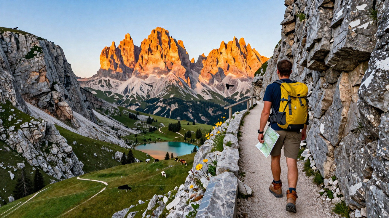 Homem com mochila amarela a caminhar numa trilha de montanha com lago azul e picos rochosos ao pôr do sol.