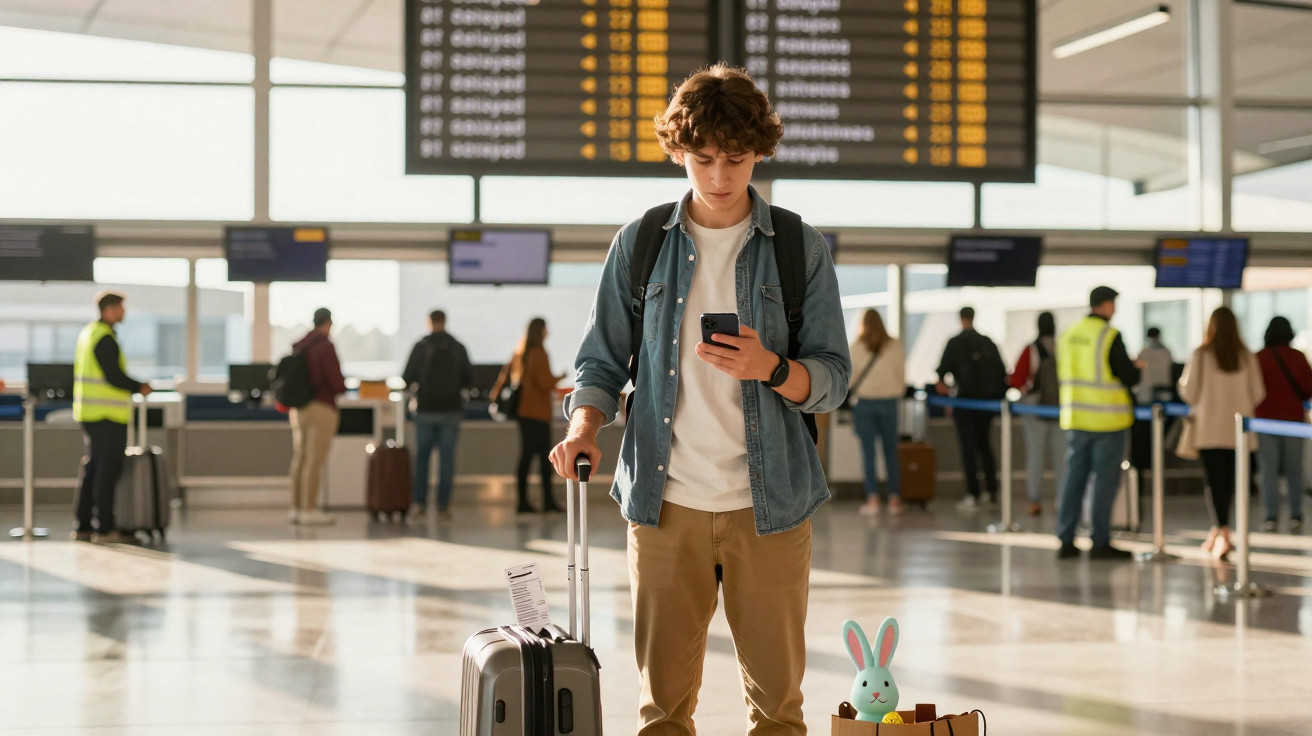 Homem com mochila e mala no aeroporto a consultar o telemóvel junto ao balcão de check-in com painel de voos ao fundo.