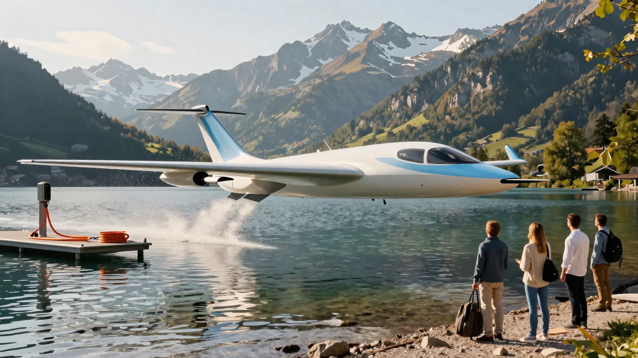 Avião futurista a descolar sobre um lago com montanhas ao fundo e quatro pessoas a observar na margem.
