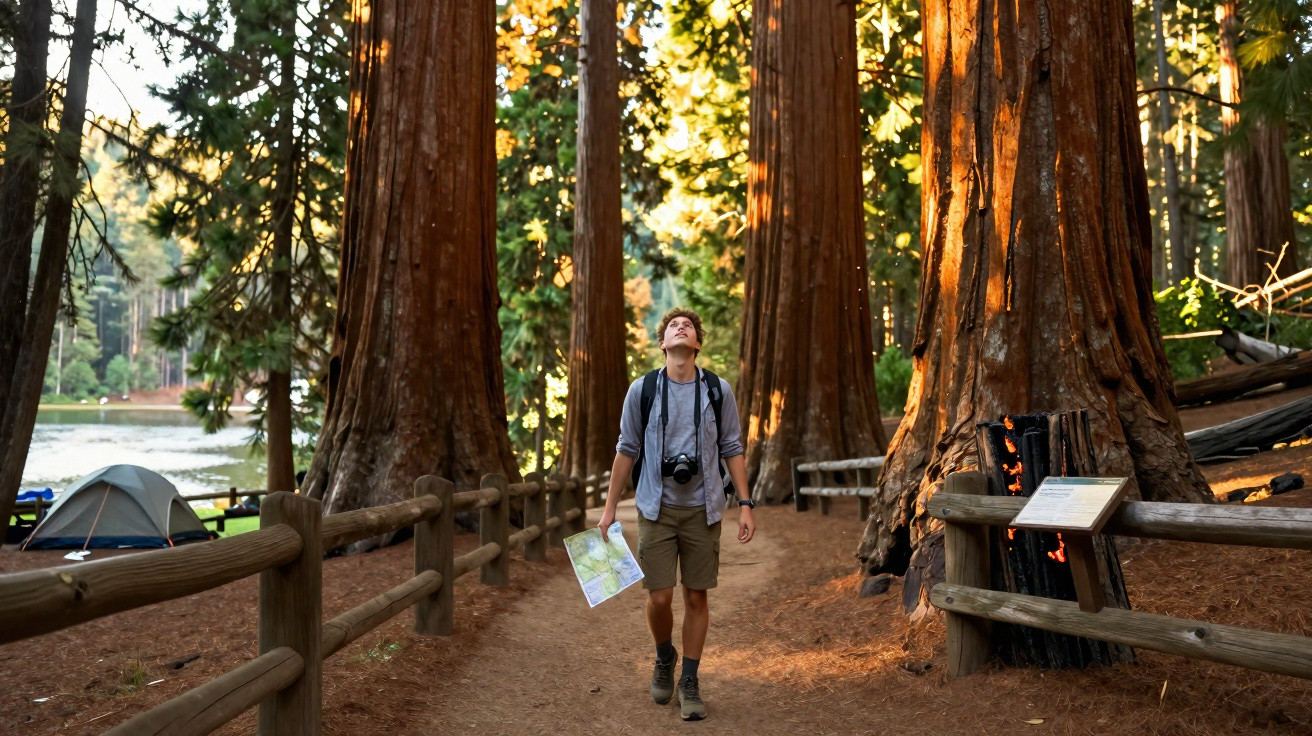 Jovem com mapa e câmara a explorar trilho em floresta com árvores altas e luz dourada ao fim do dia.