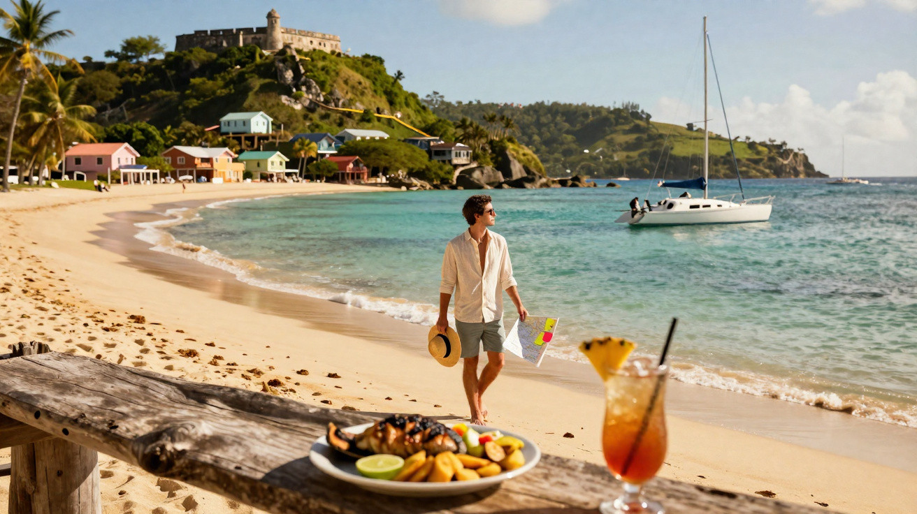 Praia com areia dourada, homem a caminhar, barco à vela no mar e comida tropical numa mesa de madeira.