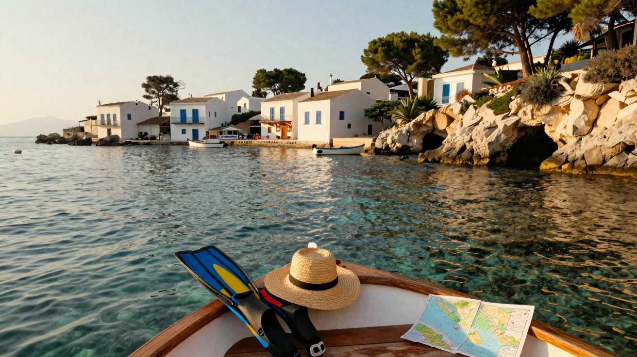 Vista desde um barco na água cristalina com botas de mergulho, chapéu e mapa, casas brancas e árvores costeiras ao fundo.