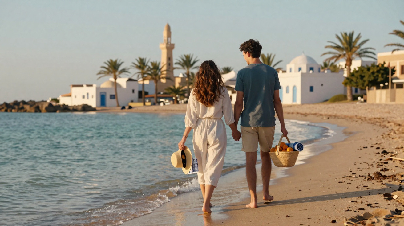 Casal jovem sorridente a passear de mãos dadas e descalços numa praia com edifícios brancos ao fundo.