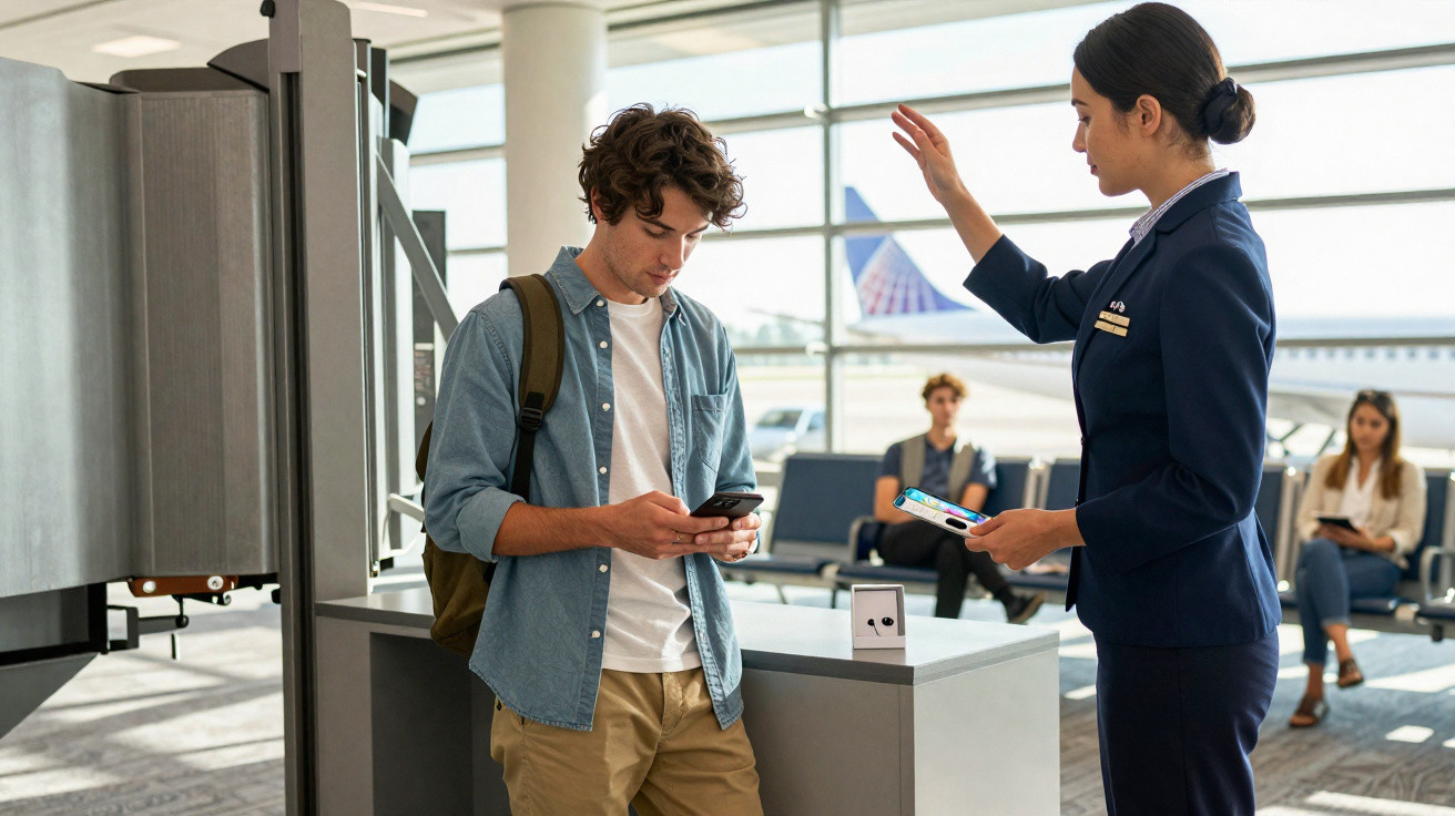 Jovem com mochila a usar telemóvel enquanto segura passaporte num balcão de aeroporto.