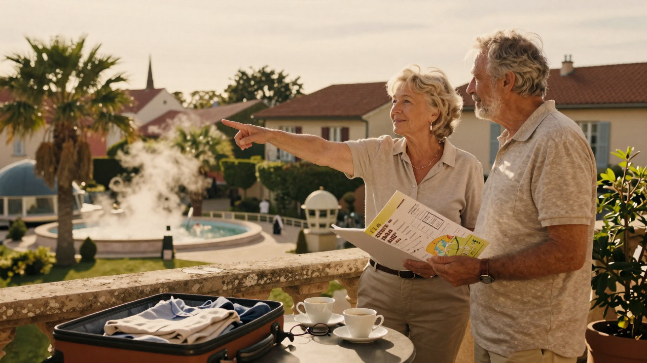 Casal sénior numa varanda com mapa e mala, apontando para uma piscina termal em resort.