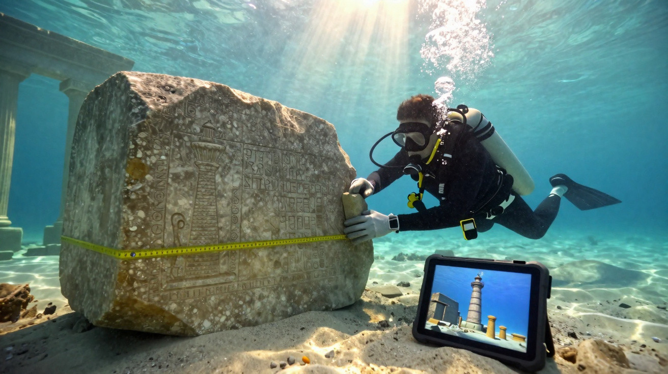 Mergulhador mede pedra subaquática com escultura de farol, com monitor a mostrar a imagem do farol.