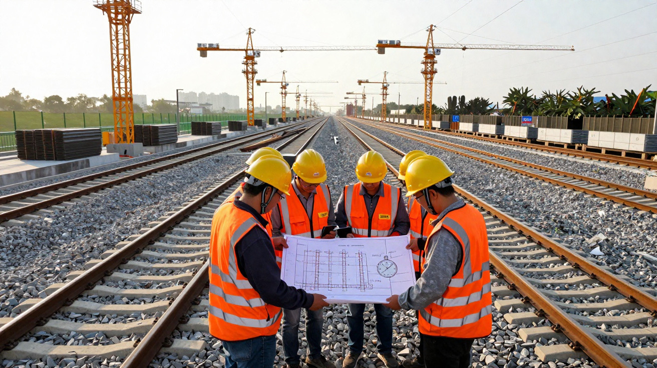 Cinco trabalhadores com capacetes e coletes reflectores analisam planta num estaleiro junto a linhas de comboio.