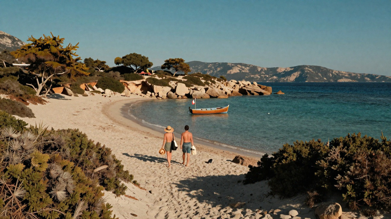 Casal a passear na praia de areia branca com mar calmo e um barco de madeira ancorado.
