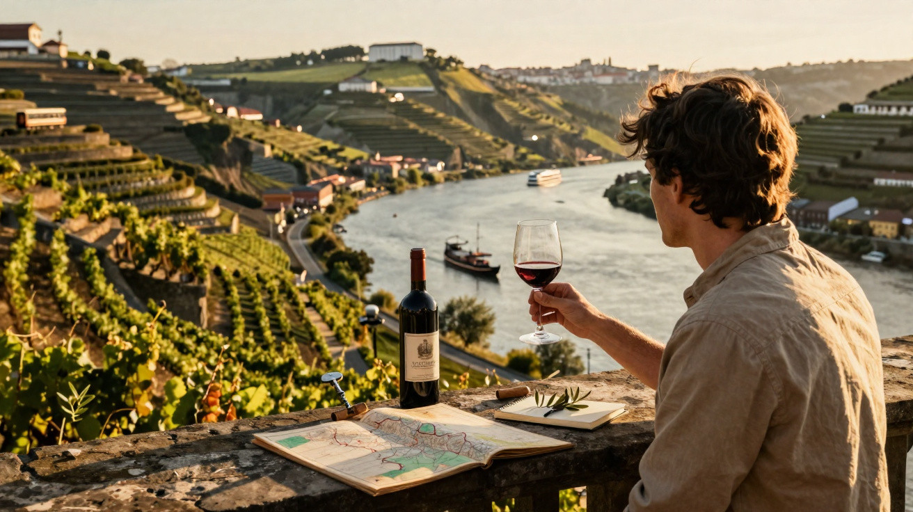 Pessoa a beber vinho com vista para vinha e rio numa paisagem de colinas ao pôr do sol.