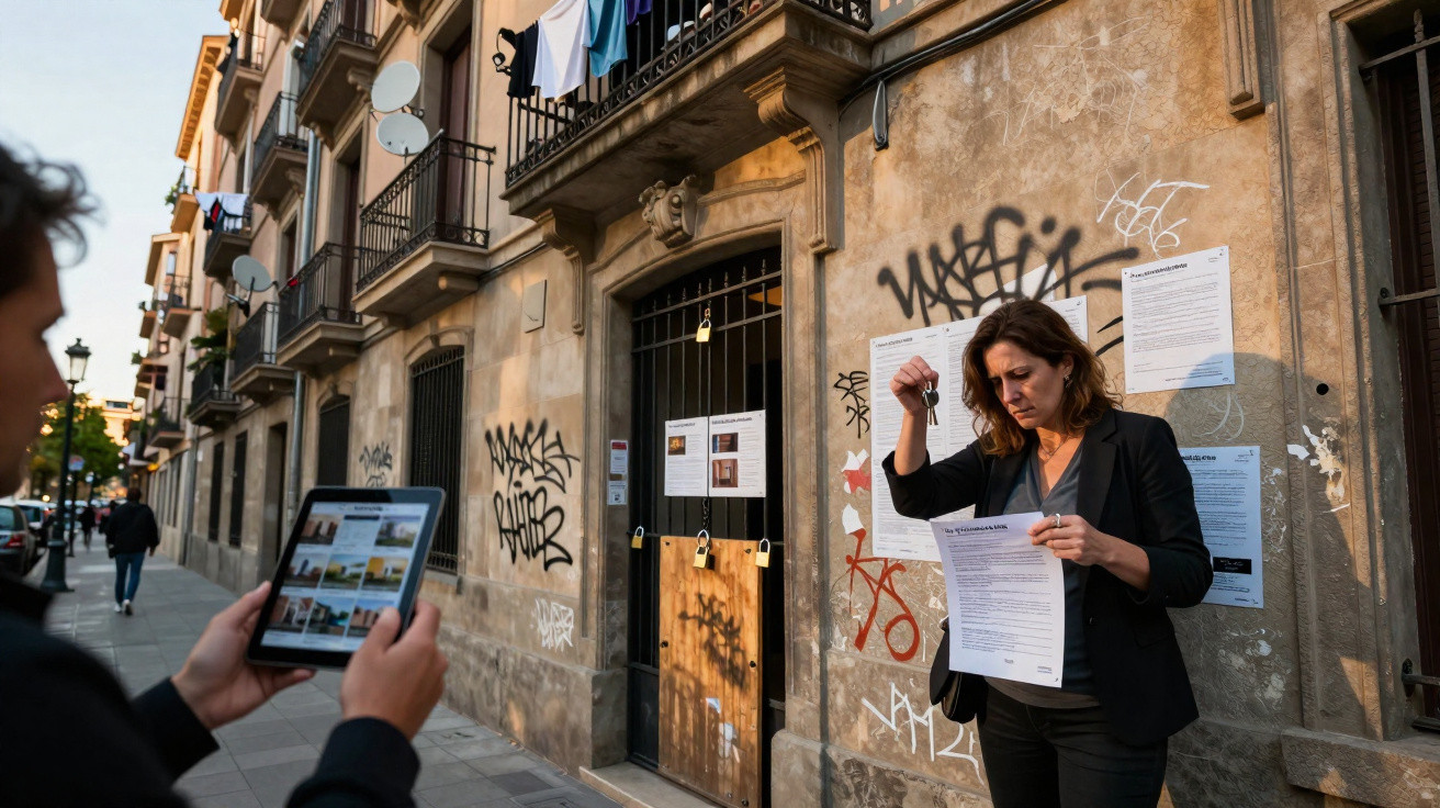 Mulher segura chave e papel em frente a prédio com portas fechadas e avisos colados na parede.