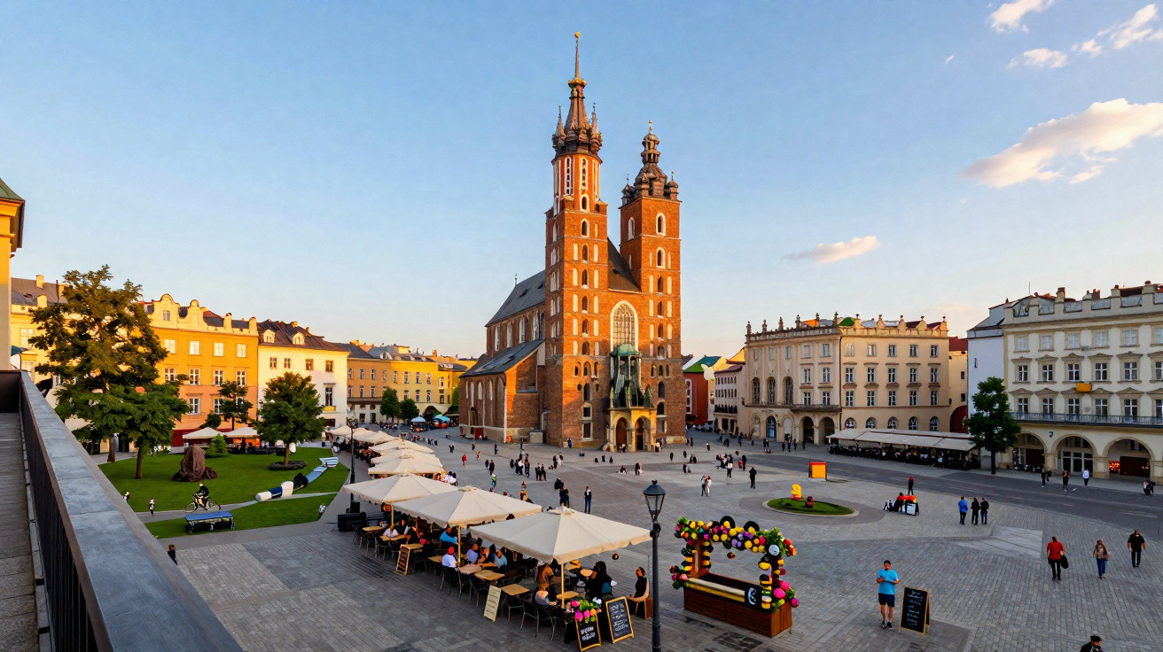 Praça central com pessoas, cafés ao ar livre e igreja histórica com duas torres ao entardecer.