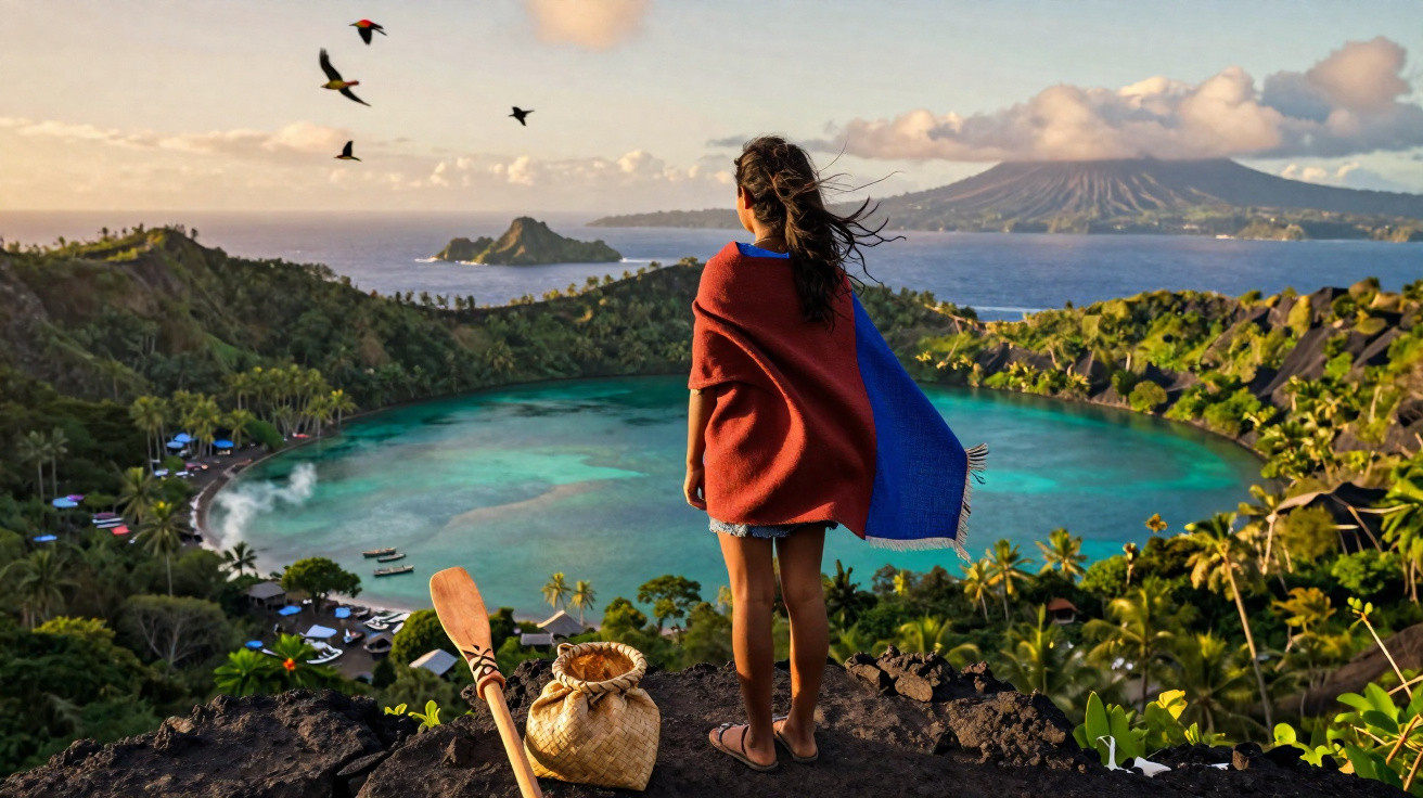 Mulher de pé na encosta a olhar para uma baía com água turquesa e vegetação exuberante ao pôr do sol.