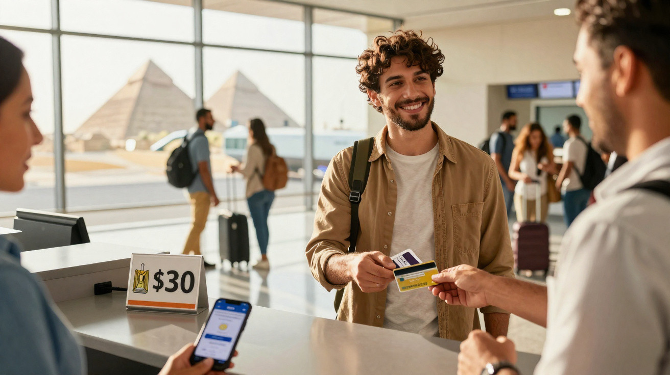 Homem sorridente a entregar cartão num balcão de atendimento num aeroporto com pirâmides ao fundo.