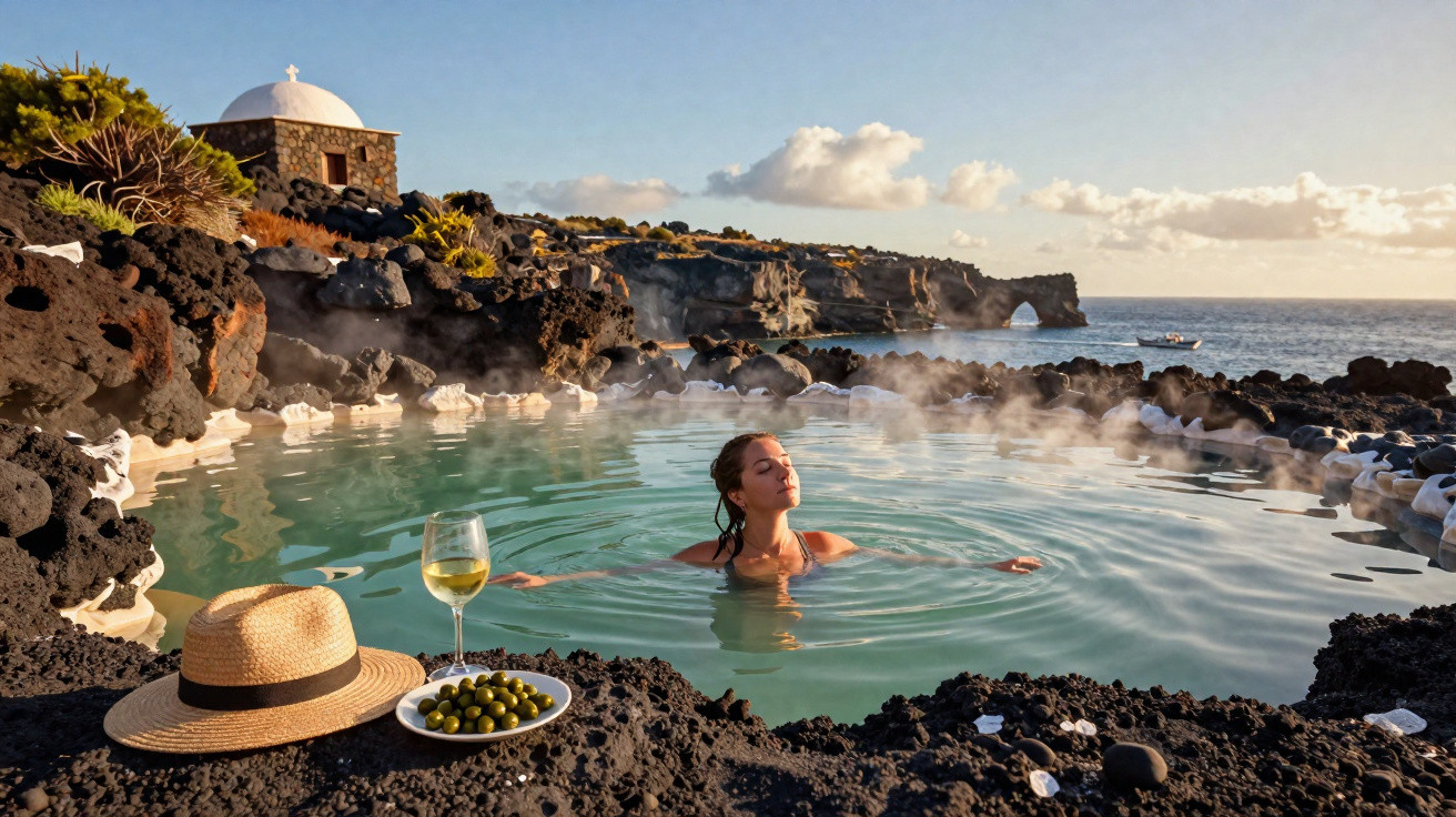 Mulher a relaxar numa piscina termal natural rodeada por rochas vulcânicas e com vista para o mar ao pôr do sol.
