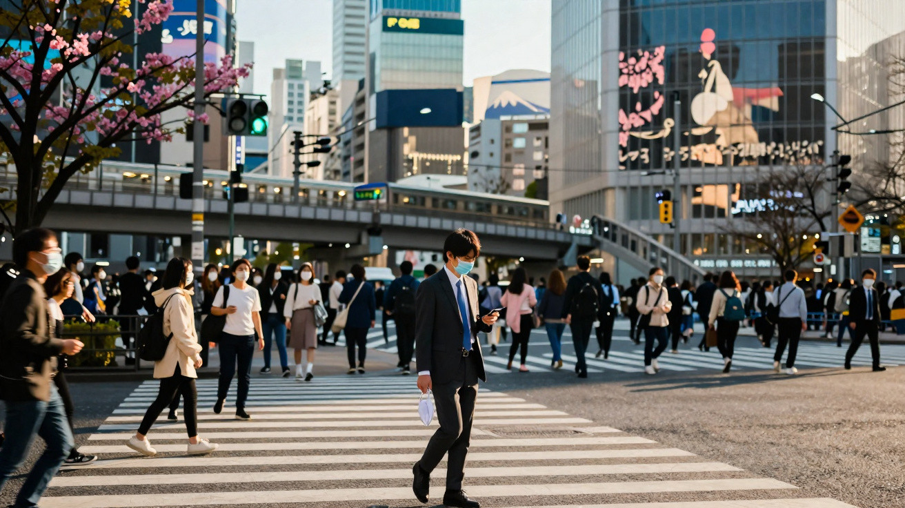 Multidão de pessoas com máscaras a atravessar passadeira em cidade moderna com Montanha Fuji ao fundo.
