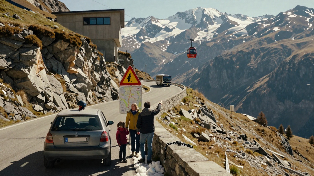 Turistas consultam mapa junto a carro estacionado na estrada montanhosa com teleférico e picos nevados ao fundo.